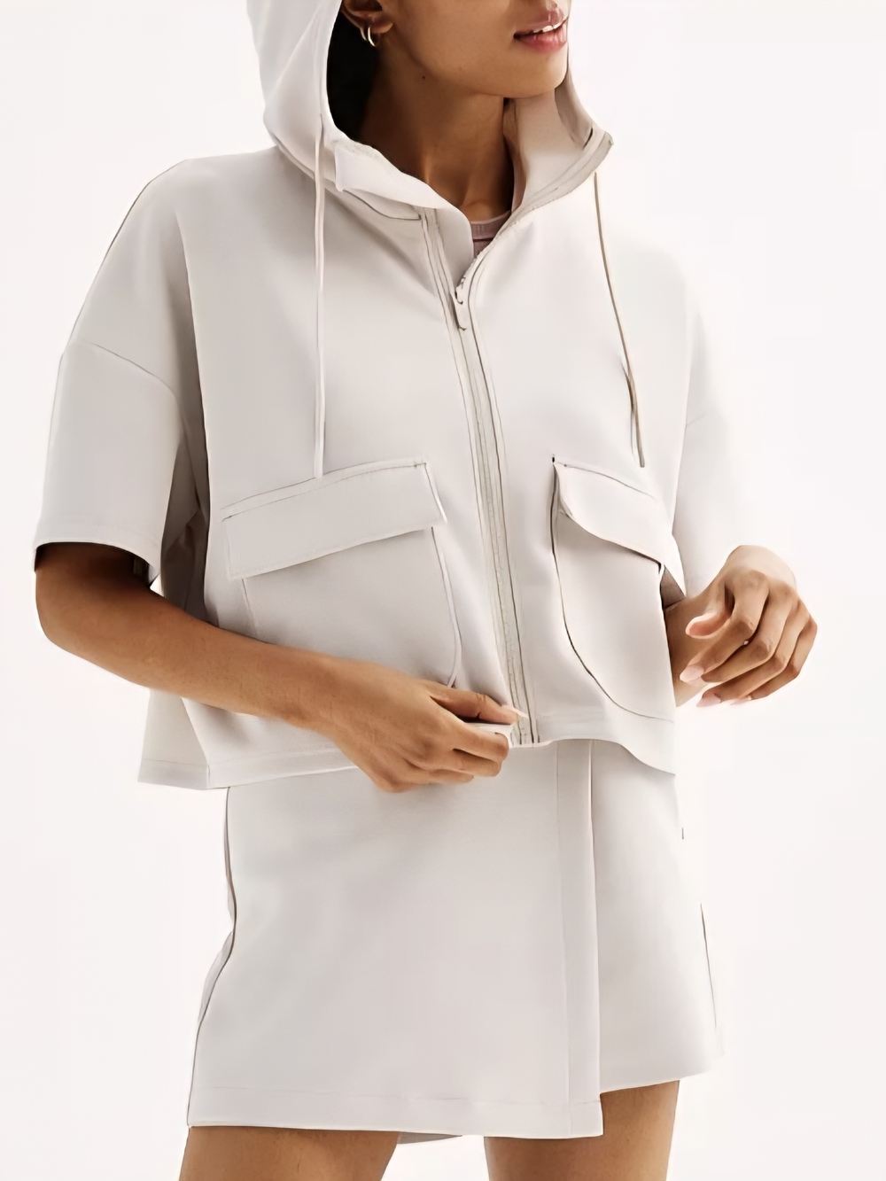 Flex Womens Light Cream Hooded Zip-Front Short Sleeve Sweatshirt Medium